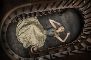 model Chiara Elisabetta on oak stairs